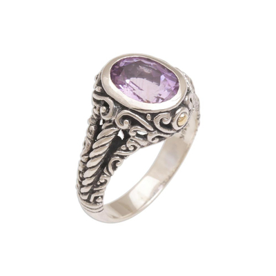 Amethyst and gold accent single stone ring, 'Princess of Vines' - Amethyst Gold Accent and Sterling Silver Single Stone Ring