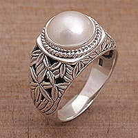 Cultured pearl domed ring, 'Bamboo Dreams' - Cultured Pearl and Sterling Silver Single Stone RIng