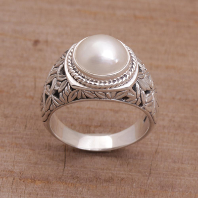Cultured pearl domed ring, 'Bamboo Dreams' - Cultured Pearl and Sterling Silver Single Stone RIng