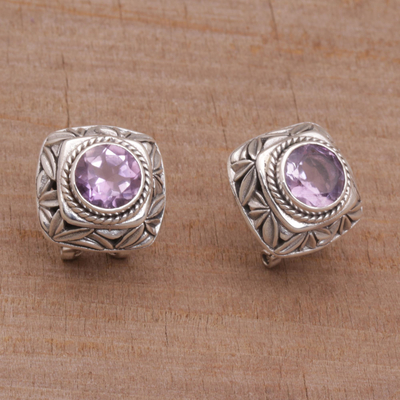 Amethyst button earrings, 'Bamboo Shade' - Amethyst and Sterling Silver Button Earrings from Bali