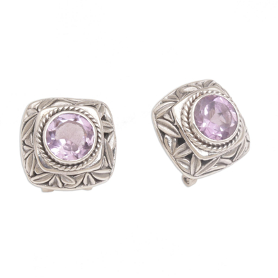 Amethyst button earrings, 'Bamboo Shade' - Amethyst and Sterling Silver Button Earrings from Bali