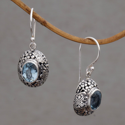 Blue topaz dangle earrings, 'Butterfly Haven' - Blue Topaz and Sterling Silver Floral Earrings from Bali