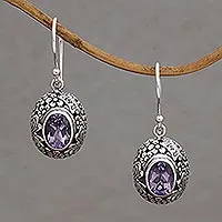 Amethyst dangle earrings, 'Butterfly Haven' - Amethyst and Sterling Silver Floral Earrings from Bali