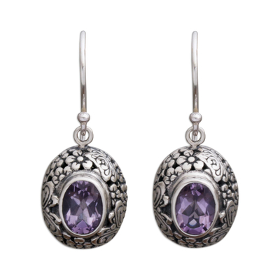Amethyst dangle earrings, 'Butterfly Haven' - Amethyst and Sterling Silver Floral Earrings from Bali