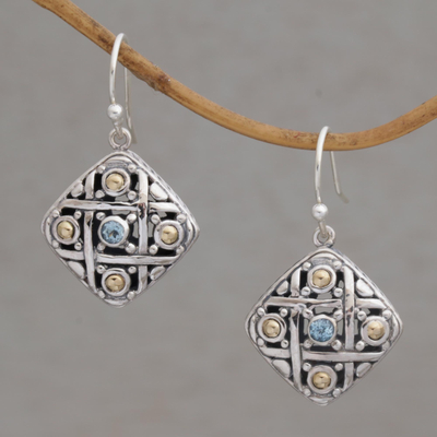 Gold accented blue topaz dangle earrings, 'Ketupat Blessing' - Gold Accent Blue Topaz Dangle Earrings from Bali
