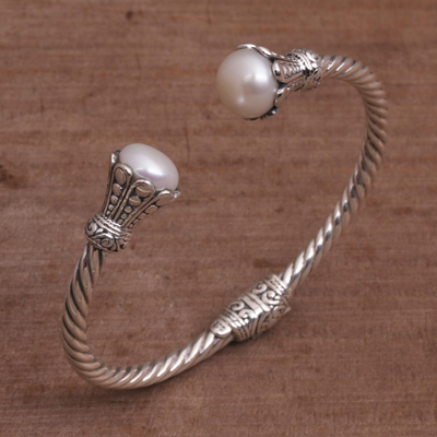 Cultured pearl cuff bracelet, 'Bright Glow' - Handcrafted Cultured Pearl and Sterling Silver Cuff Bracelet