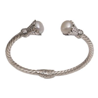 Cultured pearl cuff bracelet, 'Bright Glow' - Handcrafted Cultured Pearl and Sterling Silver Cuff Bracelet