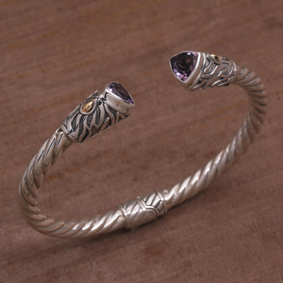 Amethyst and gold accent cuff bracelet, 'Paradise Glow' - Sterling Silver and Amethyst Cuff with 18k Gold Accents