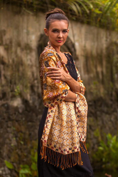 Batik silk shawl, 'Kawung Plains in Marigold' - Batik Silk Shawl with Kawung Motifs in Marigold from Bali