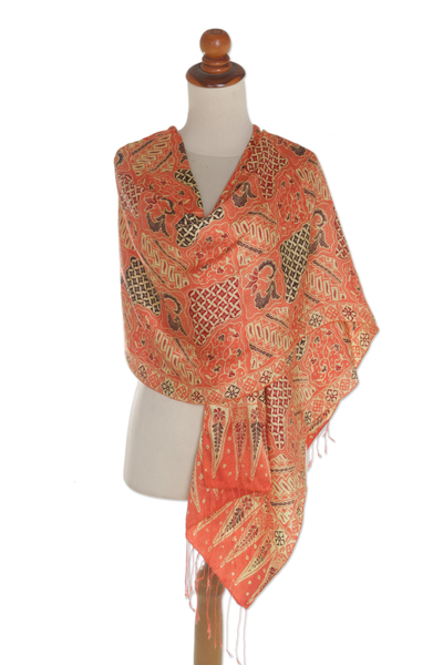 Batik silk shawl, 'Tangerine Sekar Jagad' - Batik Silk Shawl with Traditional Motifs in Tangerine