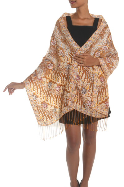 Batik silk shawl, 'Forest Waves in Ginger' - Batik Silk Shawl with Floral Motifs in Ginger from Bali