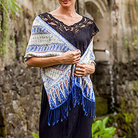 Batik silk scarf, 'Parang World in Indigo'