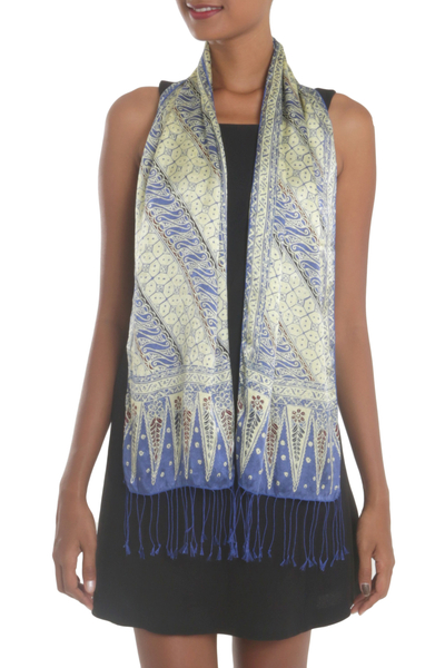 Batik silk scarf, 'Parang World in Indigo' - Batik Silk Scarf with Parang Motifs in Indigo from Bali