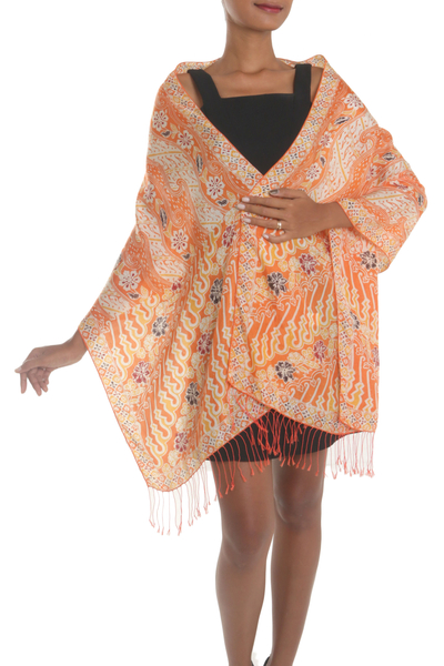 Batik silk shawl, 'Forest Waves in Tangerine' - Batik Silk Shawl with Floral Motifs in Tangerine from Bali