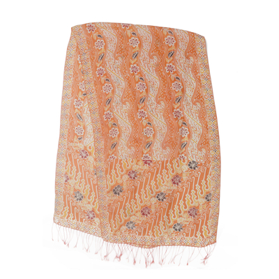 Batik silk shawl, 'Forest Waves in Tangerine' - Batik Silk Shawl with Floral Motifs in Tangerine from Bali
