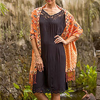 Batik silk shawl, 'Kawung Plains in Sunrise' - Batik Silk Shawl with Kawung Motifs in Sunrise from Bali
