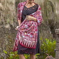 Batik silk shawl, 'Maroon Garden'