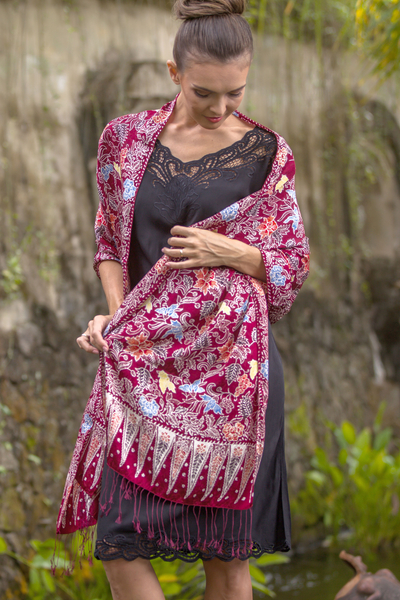 Batik silk shawl, 'Maroon Garden' - Floral Batik Silk Shawl in Maroon from Bali
