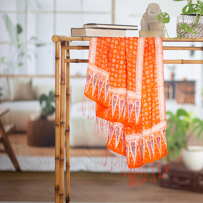 Batik silk scarf, 'Truntum Majesty' - Batik Silk Shawl with Truntum Motifs in Tangerine from Bali