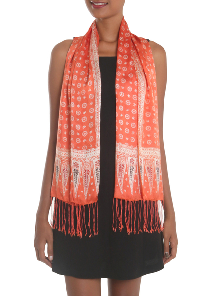 Batik silk scarf, 'Truntum Majesty' - Batik Silk Shawl with Truntum Motifs in Tangerine from Bali