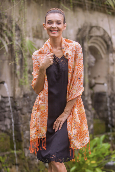 Batik silk shawl, 'Ceplok Temple in Tangerine' - Batik Silk Shawl with Ceplok Motifs in Tangerine from Bali