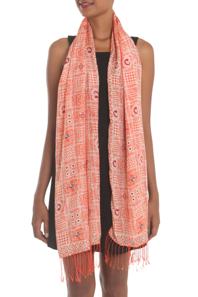 Batik silk shawl, 'Ceplok Temple in Tangerine' - Batik Silk Shawl with Ceplok Motifs in Tangerine from Bali
