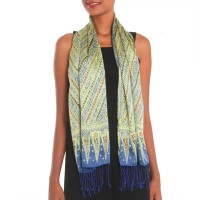 Batik silk scarf, 'Parang Majesty' - Batik Silk Scarf with Parang Motifs in Chartreuse from Bali