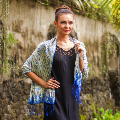 Batik-Seidenschal – Batik-Seidenschal mit Parang-Motiven in Chartreuse aus Bali
