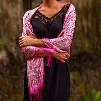 Batik silk scarf, 'Truntum World in Fuchsia'