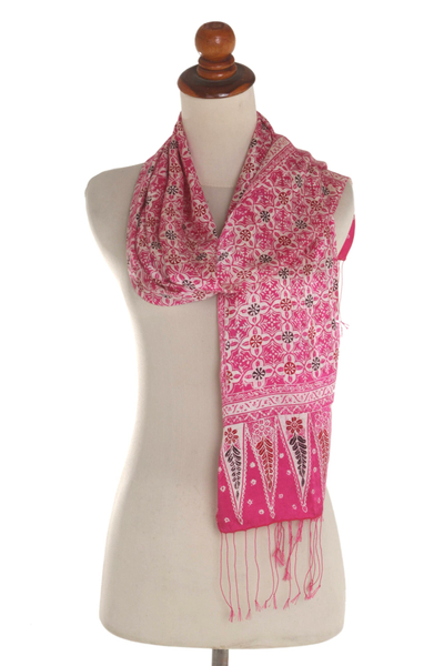 Batik silk scarf, 'Truntum World in Fuchsia' - Batik Silk Scarf with Truntum Motifs in Fuchsia from Bali