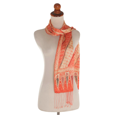 Batik silk scarf, 'Parang World in Mandarin' - Batik Silk Scarf with Parang Motifs in Mandarin from Bali