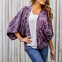 Rayon batik kimono jacket, 'Lavish Garden in Boysenberry' - Purple Batik Short Rayon Kimono Jacket