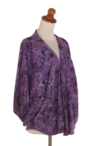 Rayon batik kimono jacket, 'Lavish Garden in Boysenberry' - Purple Batik Short Rayon Kimono Jacket