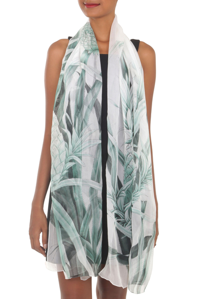 Hand-painted silk shawl, 'Celadon Pineapple' - Pineapple-Themed Silk Shawl in Celadon and Smoke from Bali