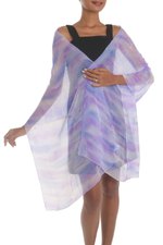 Hand-painted silk shawl, 'Mystifying Beauty' - Hand-Painted Silk Shawl in Amethyst and Teal from India