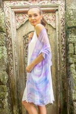 Hand-painted silk shawl, 'Mystifying Beauty' - Hand-Painted Silk Shawl in Amethyst and Teal from India