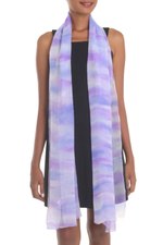 Hand-painted silk shawl, 'Mystifying Beauty' - Hand-Painted Silk Shawl in Amethyst and Teal from India