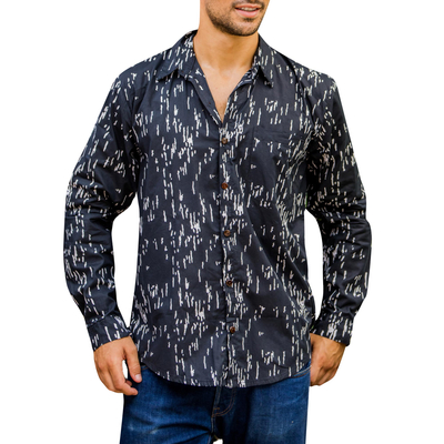 Herren-Langarmhemd aus Baumwolle - Handgestempeltes Herren-Langarmhemd aus Baumwolle aus Bali