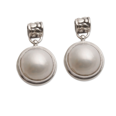 Cultured mabe pearl dangle earrings, 'White Morning' - Cultured Mabe Pearl Dangle Earrings from Bali