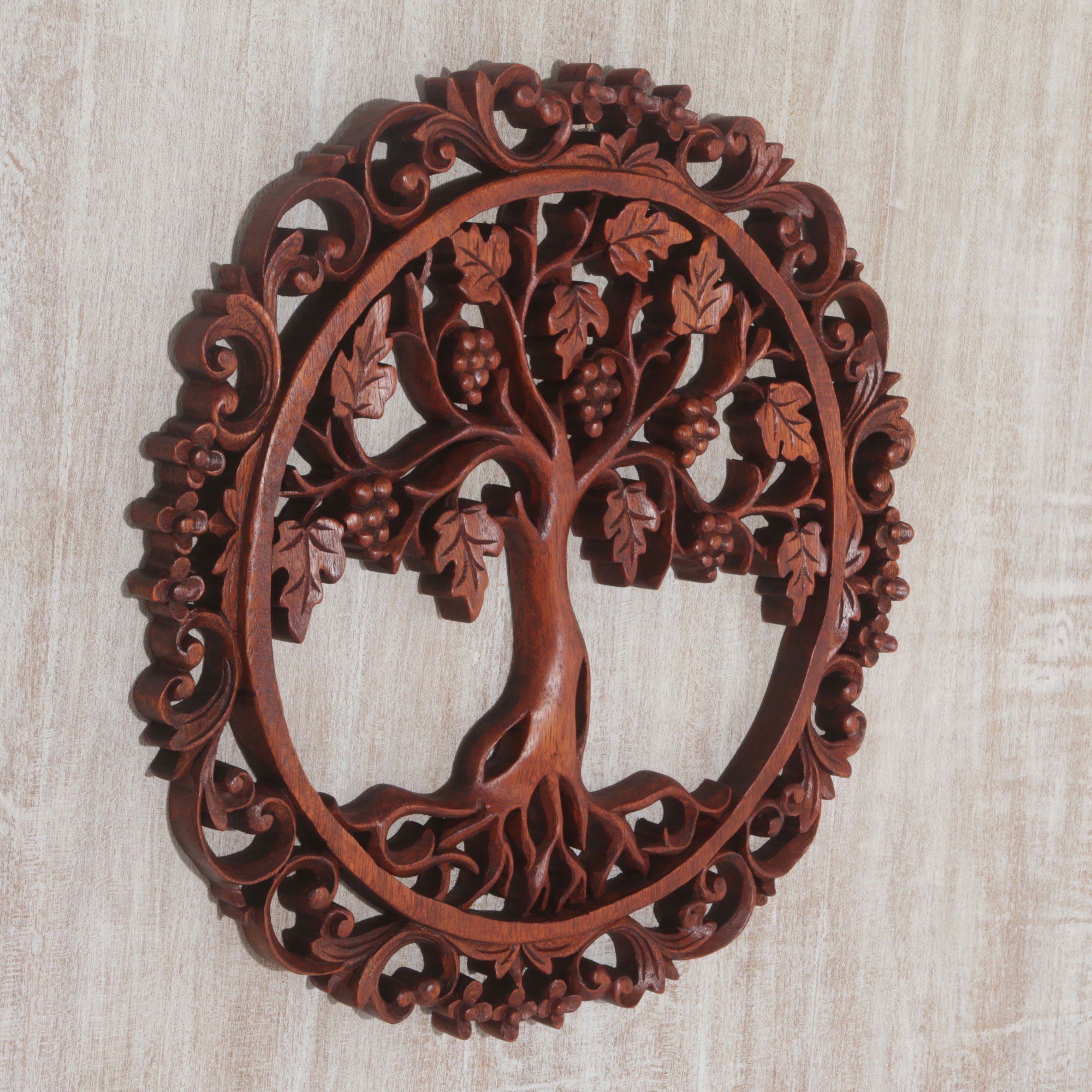 Artisan HandCarved Grape Vine Wall Relief Panel from Bali Grape Vine