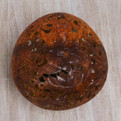 Coconut shell sculpture, 'Ganesha & Dragon' - Intricate Coconut Shell Ganesha Sculpture with Base