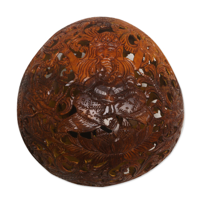 Coconut shell sculpture, 'Ganesha & Dragon' - Intricate Coconut Shell Ganesha Sculpture with Base