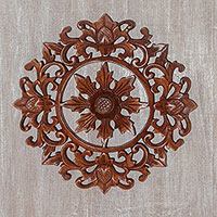 Wood wall relief panel, 'Compass Flower' - Artisan Hand-Carved Suar Wood Floral Wall Panel from Bali