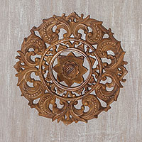 Wood wall relief panel, 'Starlight Flower' - Artisan Hand-Carved Floral Suar Wood Relief Panel from Bali
