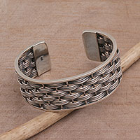 Sterling silver cuff bracelet, 'Queenly Weave' - Sterling Silver Weave Motif Cuff Bracelet from Bali