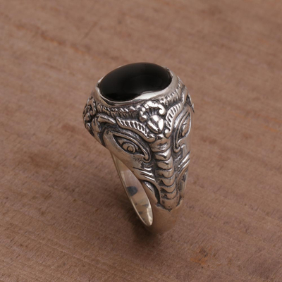 Onyx and Sterling Silver Elephant Cocktail Ring from Bali - Elephant ...