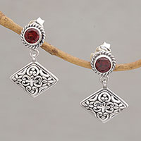 Garnet dangle earrings, 'Diamond Dew' - Garnet Dangle Earrings with Diamond Shapes from Bali