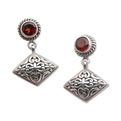 Garnet dangle earrings, 'Diamond Dew' - Garnet Dangle Earrings with Diamond Shapes from Bali