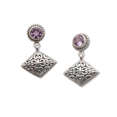 Amethyst dangle earrings, 'Diamond Dew' - Amethyst Dangle Earrings with Diamond Shapes from Bali