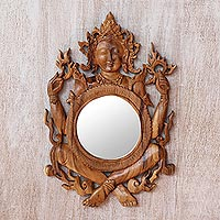 Wood wall mirror, 'Shiva's Reflection' - Light Brown Suar Wood Shiva Mirror from Indonesia